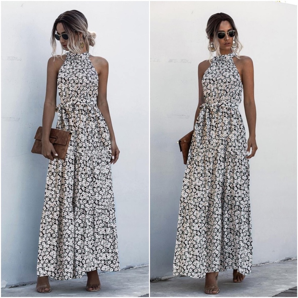 Boho Pastel Green Floral Print Halter Maxi Dress Ruffle - Picture 7 of 13